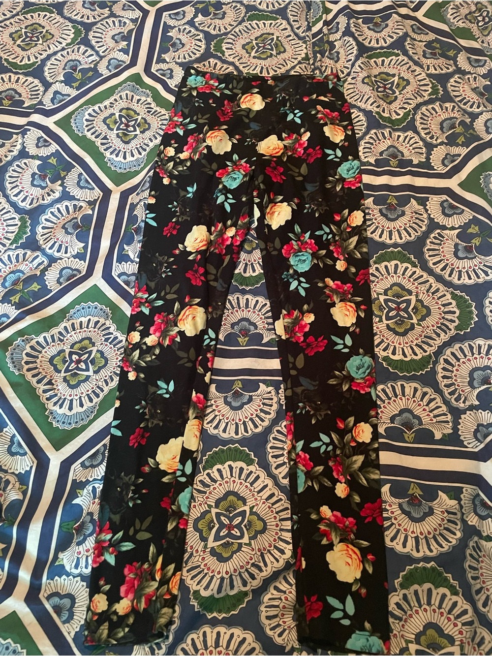 LuLaRoe Black Floral Leggings with Yellow, Teal & Pink Roses